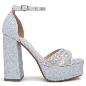 Delicious Shoes Sparkly Silver Glitter Block Heel Platform Sandals